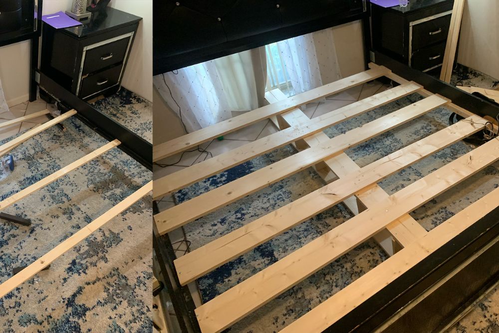 Two pictures displaying a wooden bed frame with slats, highlighting its structure and aesthetic appeal.