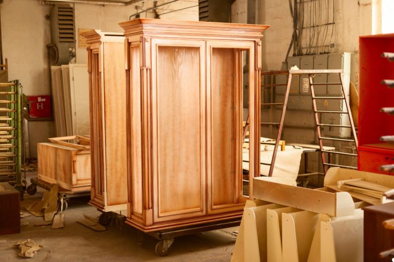 A room filled with various wooden cabinets and furniture, showcasing a warm and inviting atmosphere.